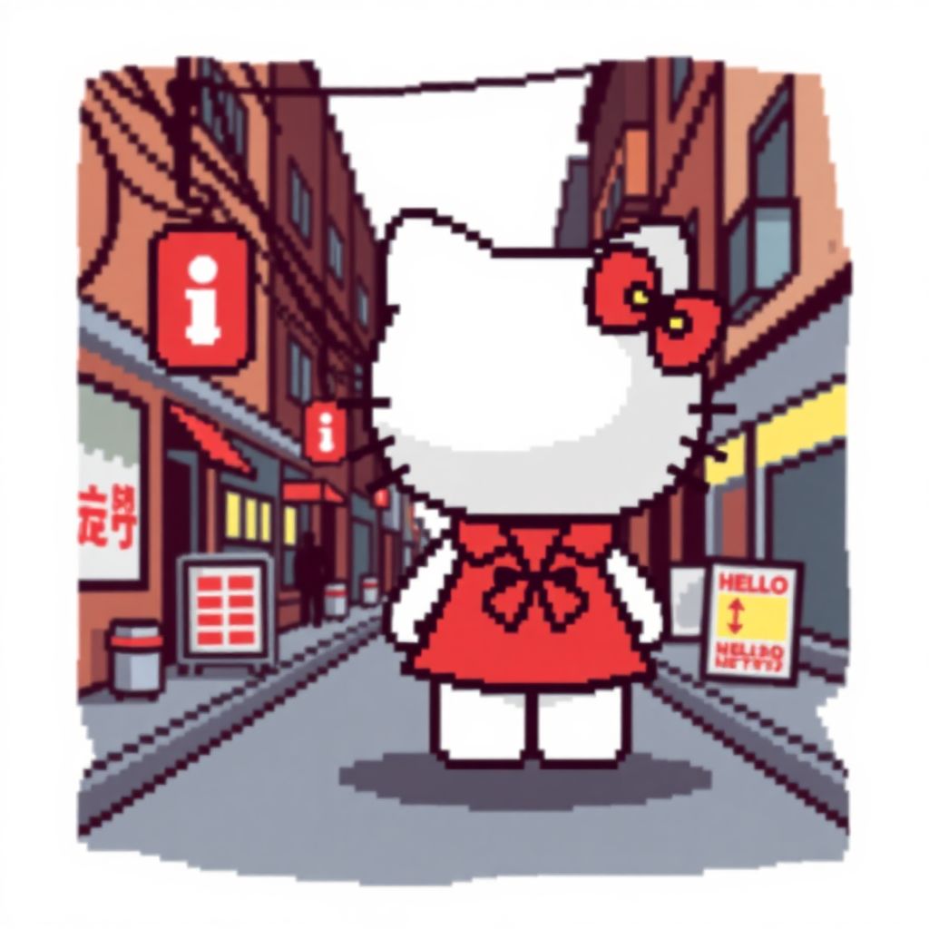 hello kitty on street pixel art